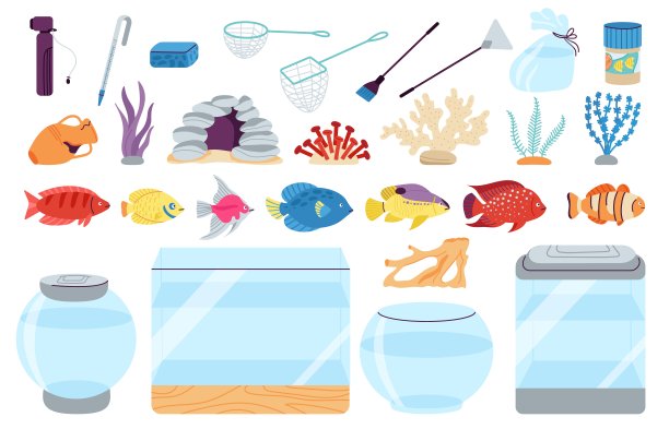 水族鱼和工具。家庭鱼，水箱玻璃和护理宠物配件。卡通奇异的水下动物，鱼缸和热带海洋体面向量集图片下载