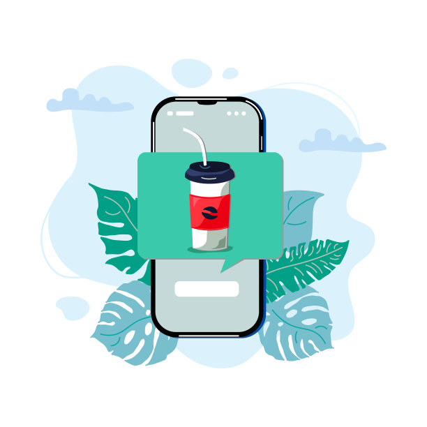 一次性杯子在手机上通知。餐饮速递，饮料网购理念。矢量插图。图片下载