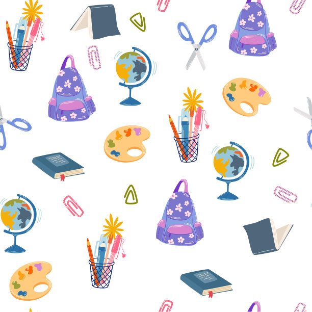 文具无缝模式。回到学校。采购产品记事本，钢笔，橡皮擦，马克笔，卷笔刀和剪刀。为面料、纺织品、孩子和壁纸提供了无尽的孩子气风格背景。矢量图图片下载