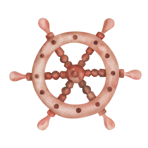 手工绘制的棕色复古方向盘的水彩插图，由木头雕刻的旧海盗船，船，船为海，海洋。孤立在白色海洋剪贴艺术版画，夏季卡片图片下载