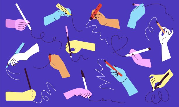 抽象书写手拿着不同的文具。手写铅笔、钢笔和马克笔。彩色卡通手臂，学生或企业签名体面向量集图片下载