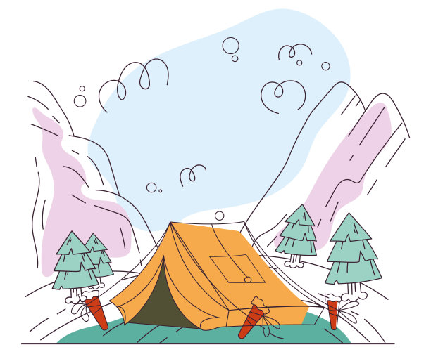 森林露营野营活动度假徒步旅行景观旅行徒步概念。矢量卡通设计元素插图图片下载