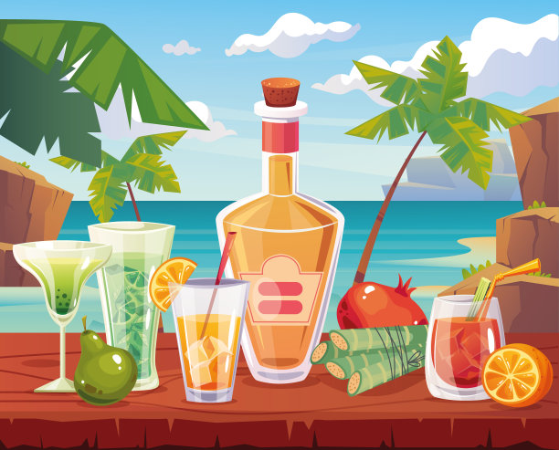 暑假假期海滩海边鸡尾酒会作文概念。矢量卡通设计元素插图图片下载