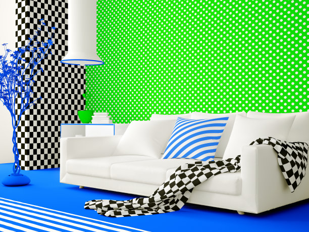 客厅室内设计配沙发。孟菲斯风格。明亮的卡通室内，波普艺术理念。绿色圆点壁纸配白色沙发和家具。三维渲染图片下载