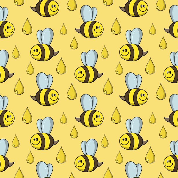 黄色鲜艳的儿童印花，可爱的小蜜蜂收集蜂蜜，无缝的正方形图案图片下载