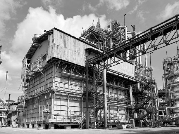 具有copyspace的某石化厂大容量氨生产车间。管式炉(一次天然气转化炉)外观。黑白照片图片下载
