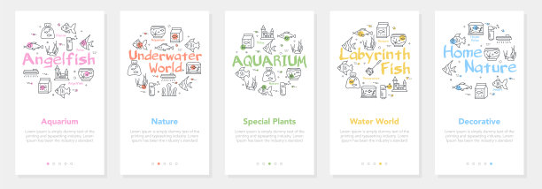 套水世界垂直横幅。水世界旗帜设计。鱼类和海洋生物矢量插图。收集鱼的生活白色竖旗图片下载