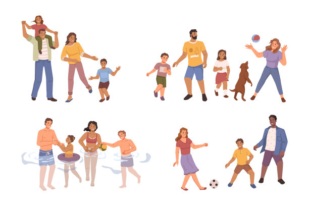 家庭纽带和花时间在一起，孤立的父母和孩子踢足球，球或游泳。海边假期或周末。平面卡通，矢量在平面风格图片下载