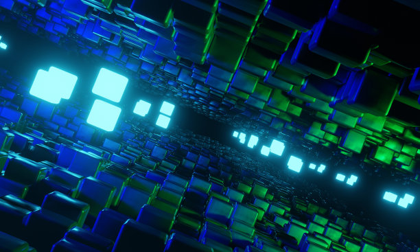 抽象几何背景科幻的立方体或空间，蓝色绿色霓虹灯发光，3d渲染。图片下载