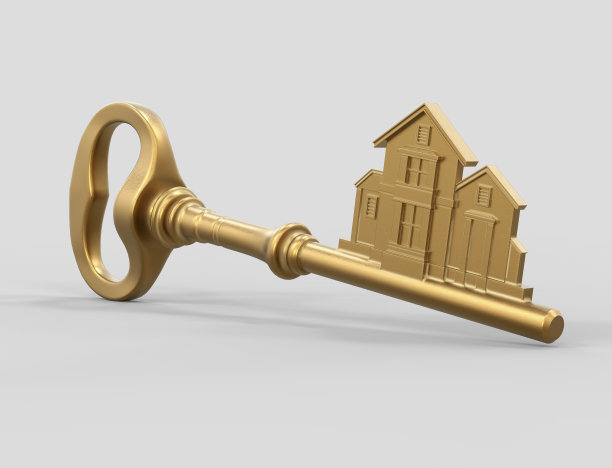 金钥匙成功理念。房屋标志与金钥匙。黄金屋家庭钥匙。3d插图图片下载