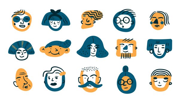 抽象的人的肖像。滑稽的男人或女人的脸。角色配置文件。装饰男女头。涂鸦漫画头像。不同的情绪和情绪。漂亮的矢量图标集图片下载