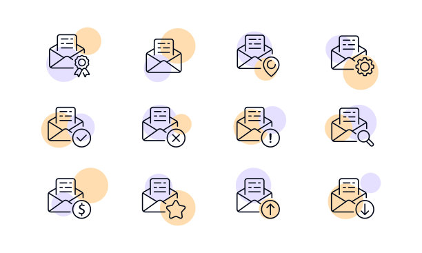 邮件管理设置图标。获奖者徽章，地图指针，齿轮，勾，叉，感叹号，放大镜，星号，美元符号，下载，上传，字母。经营理念。矢量线图标的业务图片下载