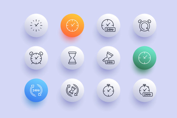 时钟设置图标。闹钟，24小时，沙漏，24小时，二十四小时，圆形箭头，秒表，招牌。时间的概念。新生变形样式。矢量线图标的业务和广告图片下载