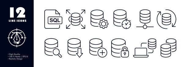 数据库设置图标。存储信息，表，订单，齿轮，箭头，时钟，搜索，放大镜，下载，锁，加，笔记本电脑，查询，语言。经营理念。矢量线图标的业务图片下载