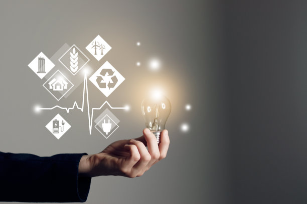 妇女手握灯泡图标能源再生，可持续发展，节约能源。图片下载