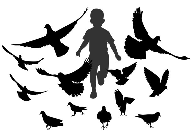 奔跑的男孩追逐鸟儿鸽子黑色的剪影图片下载