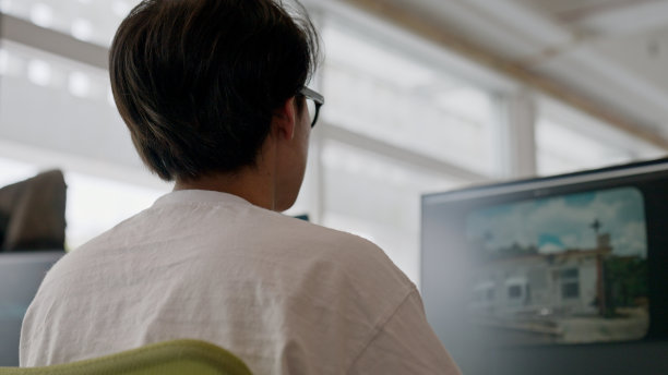 一个年轻人在办公室编辑视频。图片下载