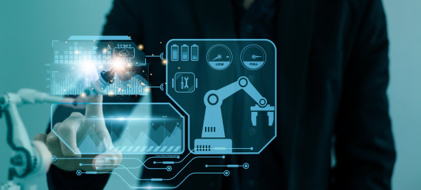 工程师控制工厂自动化机器人手臂机器，智能视觉界面屏幕人工智能或AI，机器学习操作，概念商业和工业4.0,5G网络技术图片下载