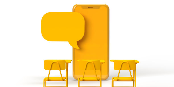 黄色语音泡泡教学手机在课桌前图片下载
