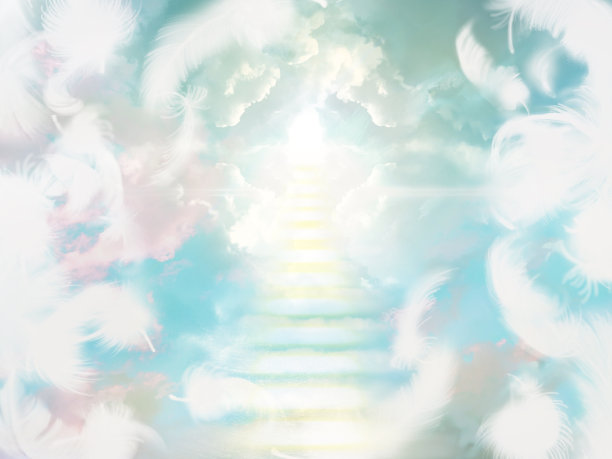 通向天堂的神秘云楼梯的插图，超越飘落的白色羽毛和神圣的光从天空通过云海的缺口。图片下载