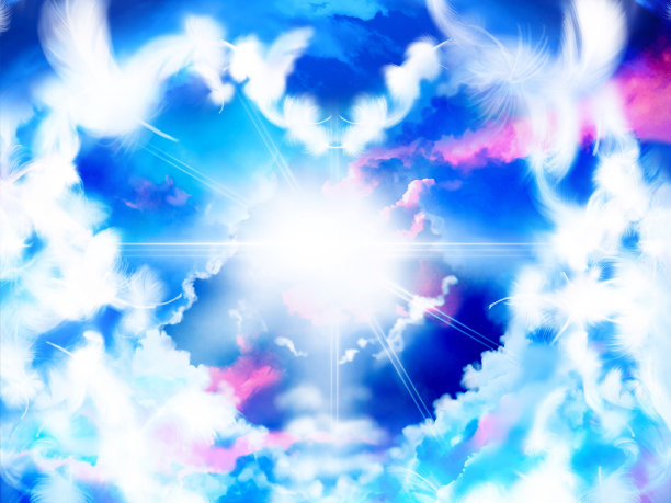 风景剪贴画:朵朵白云在美丽的蓝天上飘荡，白色的天使翅膀从空中落下，形成心形。图片下载