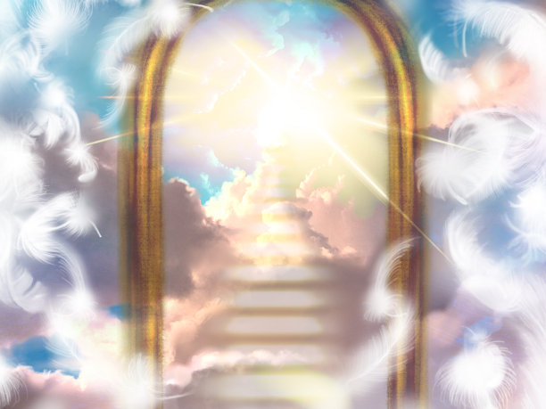 神秘的插图，一个云楼梯通向一个神秘的门，神圣的光从天空闪耀，白色的天使翅膀跳舞图片下载