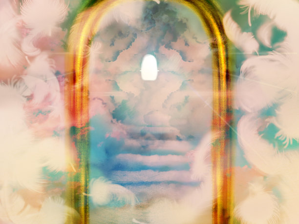 神秘的插图，一个云楼梯通向一个神秘的门，神圣的光从天空闪耀，白色的天使翅膀跳舞图片下载