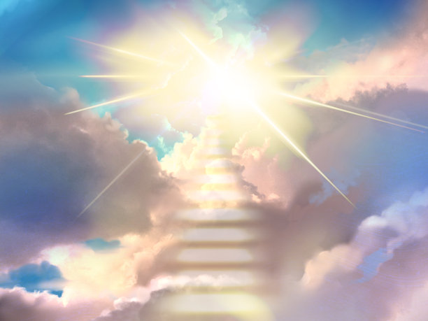 一个神秘的云楼梯通向天堂和神圣的光从天堂照耀的插图图片下载
