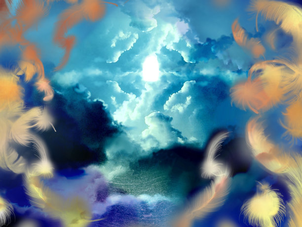 这是一张通往天堂的神秘大门的插图，它超越了从天而降的黑色羽毛，神圣的光芒穿过云海的缺口。图片下载