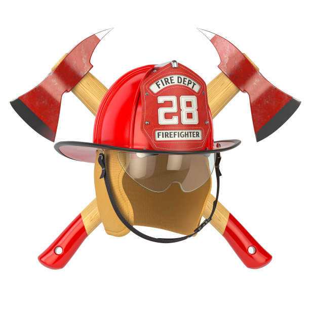 火Deprtment会徽。头盔上的消防徽章，带有灭火器和斧头。图片下载