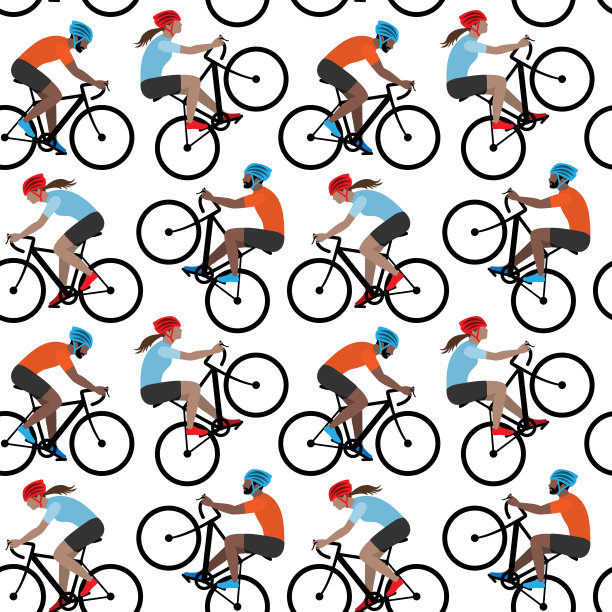 无缝模式与男性和女性骑自行车。人们骑自行车。图片下载