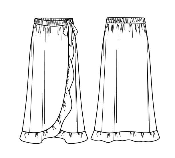 矢量裹裙技术图纸，模板，平面，草图。长裙时尚CAD与褶边和蝴蝶结细节。女士及地长裙与前面，后面的观点，白色颜色图片下载