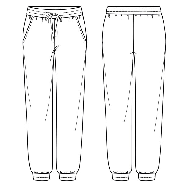 矢量中性慢跑时尚CAD，女性运动裤侧袋技术图纸，模板，草图，平。针织或梭织长裤，前、后视图，白色图片下载