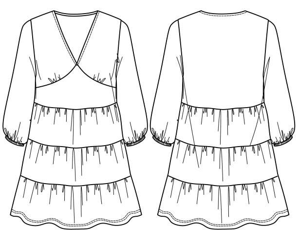 宽大的时装连衣裙，矢量素描，时髦的连衣裙与褶边，服装时尚技术插图与宽圆领图片下载