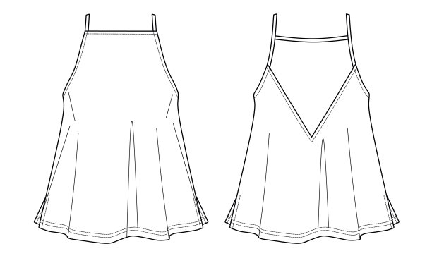 矢量夏季背心上衣时尚CAD，无袖女装上衣带细绳技术图纸，草图，模板，平。针织或梭织上衣，有正反两面，白色图片下载