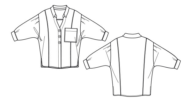 矢量长袖衬衫时尚CAD，女人v领衬衫与技术图纸，模板，草图，平图片下载