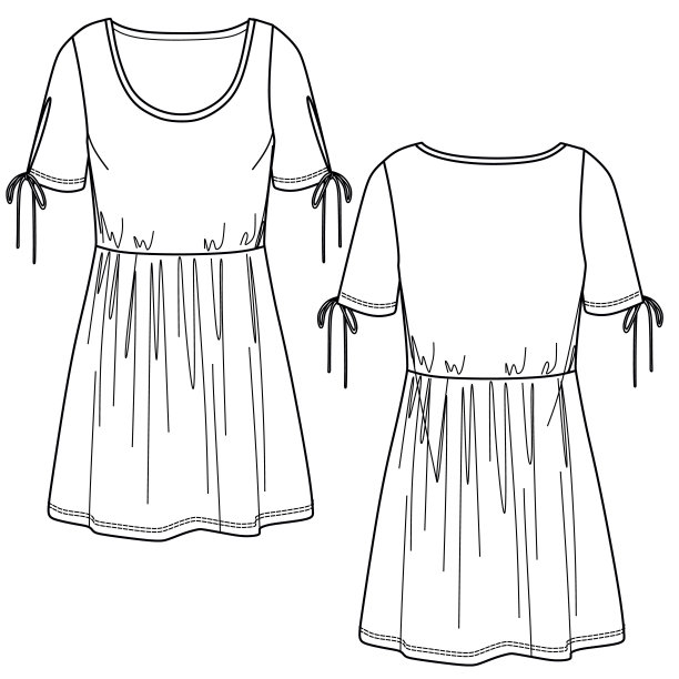 矢量夏季连衣裙时尚，女装圆领短袖连衣裙技术图纸，模板，平，素描图片下载