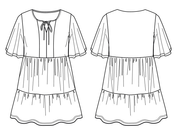 大体积迷你裙，潮流连衣裙与褶边矢量草图，圆领连衣裙时尚CAD，技术图纸，平，模拟起来，模板。针织或梭织服装，正面，背面，白色图片下载