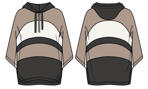 矢量女子连帽雨披时尚CAD，长袖运动衫色块细节技术图纸，模板，草图，平。针织或梭织面料斗篷，前后视图，彩色图片下载