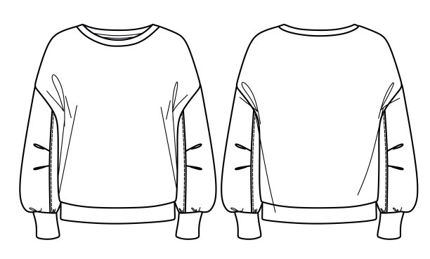 矢量圆领运动衫时尚CAD，女人超大上衣与打褶细节技术图纸，模板，草图，平。针织或梭织运动衫，有正反两面，白色图片下载