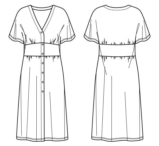 矢量Midi短袖连衣裙时尚CAD，女人长v领连衣裙与前面技术图纸，模板，草图，平。针织或梭织服装，正面，背面，白色图片下载
