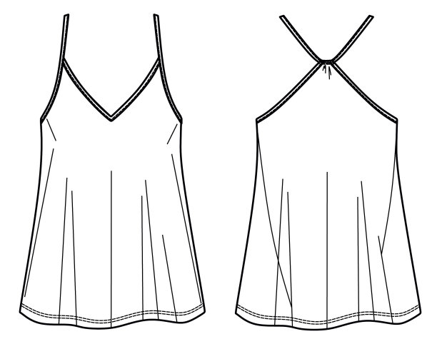 背心技术时尚插图与讨人喜欢的v领，肩带，放松适合，束腰外衣的长度。平外穿坦克服装模板正面，背面，白色。女性顶级CAD，模板，草图，模型图片下载
