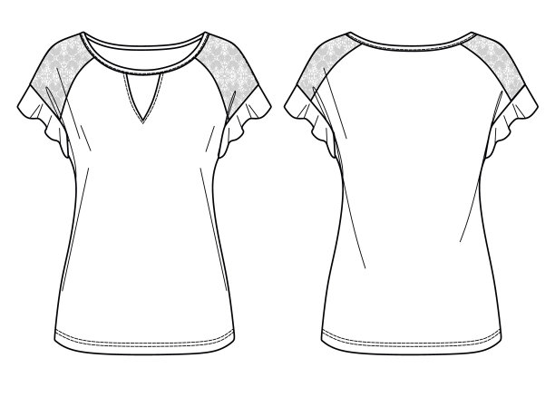 矢量短袖衬衫时尚CAD，女人针织上衣与花边在肩膀技术图纸，夏季圆领t恤草图，模板。针织或梭织面料，正面，背面，白色图片下载