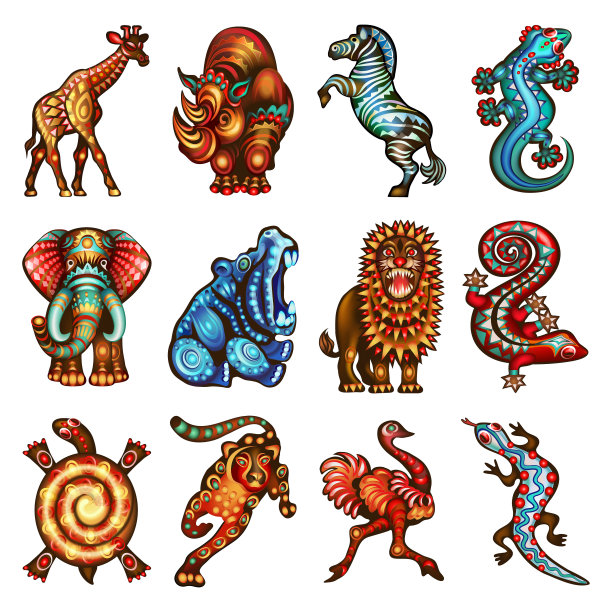 一组非洲动物非洲传统中明亮、风格化的装饰物。图片下载