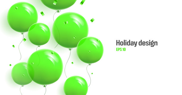封面背景与明亮的绿色圆形气球和五彩纸屑飞起来，现实的3d图形元素与地方复制图片下载