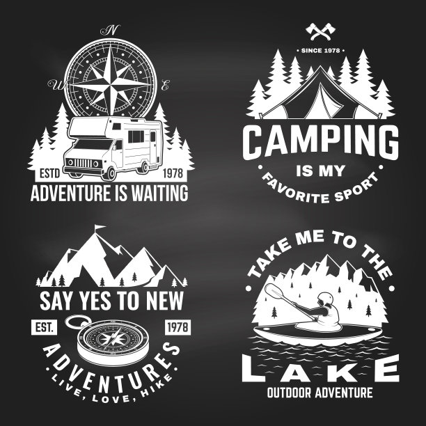 一套野营徽章设计黑板。矢量插图。概念衬衫或标志，打印，邮票或t恤。在独木舟，湖，指南针，露营车，帐篷和森林剪影的男子复古排版设计。图片下载