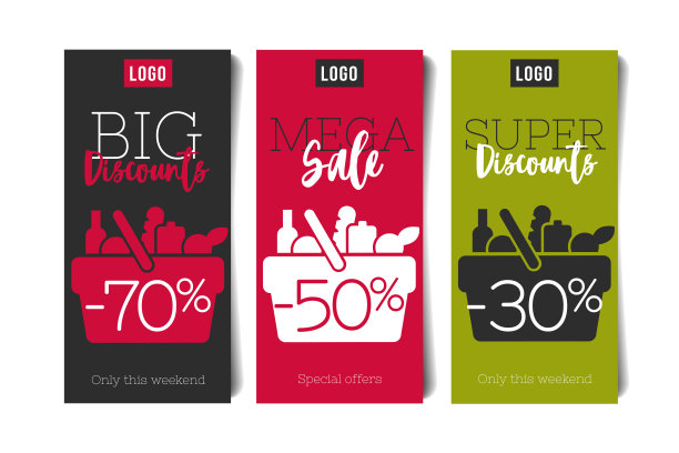 传单集杂货店与市场购物篮象形充满膳食和食品，简单现代图形传单与百分比折扣，mega大甩卖图片下载