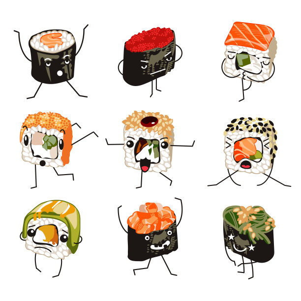 生鱼片和卷与有趣的表情设置。图片下载