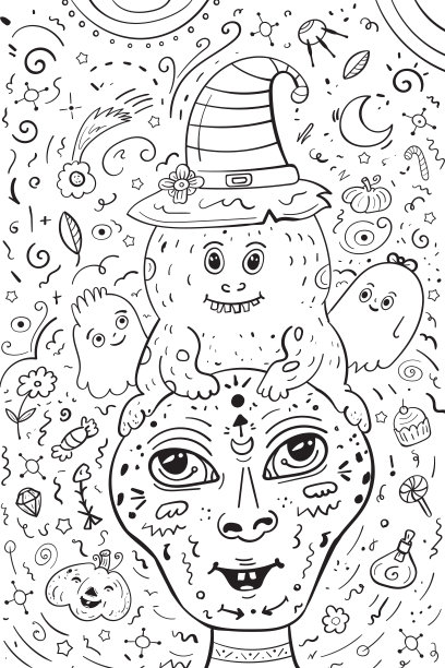 可爱的怪兽迪诺坐在外星人的头上。可爱的涂鸦着色页面图片下载