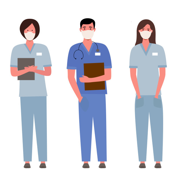 横幅上写着穿着医疗制服、戴着口罩的男女医生，白色背景上放着听诊器。平面向量插图。图片下载